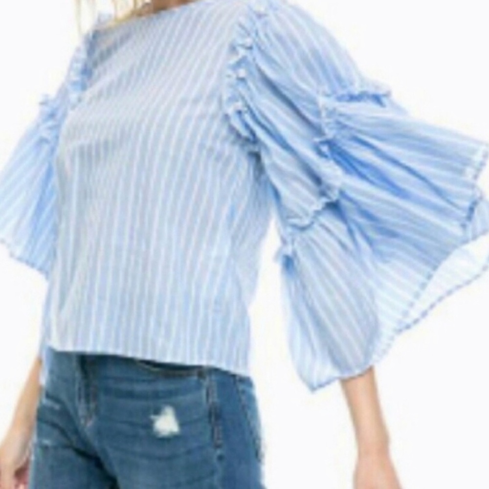dRa Los Angeles M Anthropologie Top Boho Green Stripe Ruffle Bell Tiered Sleeves